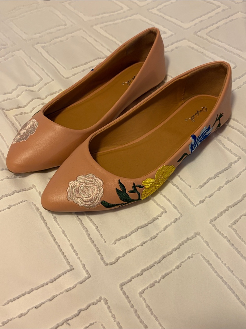 Qupid Blush Pink Floral Embroidered Pointed Flats